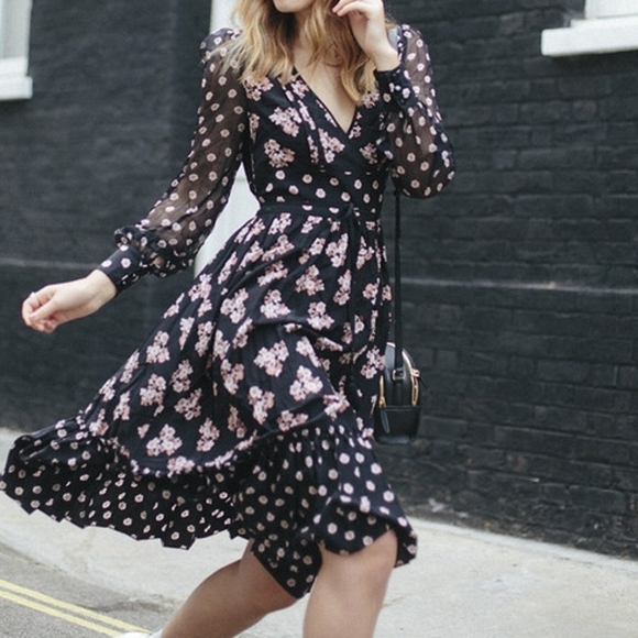 Kate Spade Silk Black Floral Dress with Sheer Floral Sleeves - Picture 6 of 12